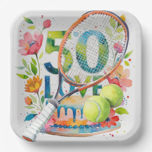 Tennis 50th Birthday tennis ball and number Paper Plate