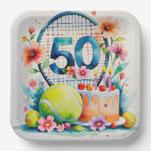 Tennis 50th Birthday  tennis ball and number  Paper Plate