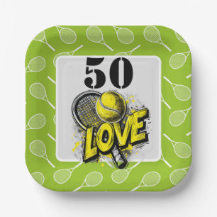 Tennis 50th Birthday tennis ball number love Paper Plate