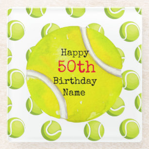 Tennis 50th Birthday with tennis ball and number   Glass Coaster