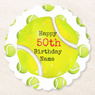 Tennis 50th Birthday with tennis ball and number   Paper Coaster