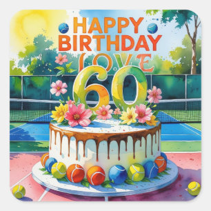 Tennis 60th birthday anniversary with tennis ball square sticker