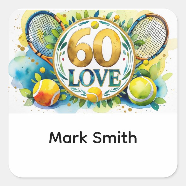 Tennis 60th birthday anniversary with tennis ball square sticker (Front)