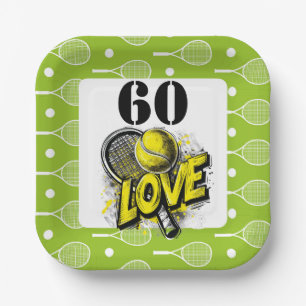 Tennis 60th Birthday tennis ball number love Paper Plate