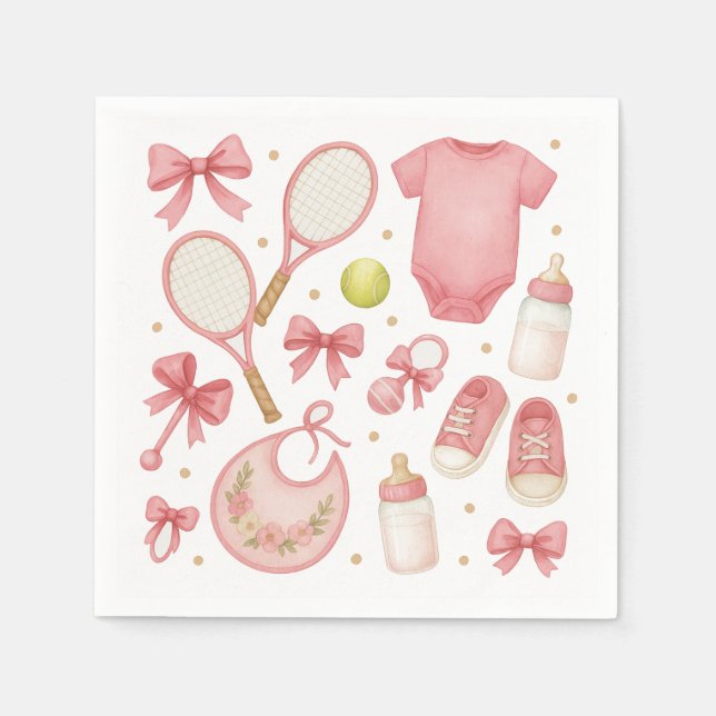 Tennis Baby Girl in Pink theme with racket  Napkin (Front)