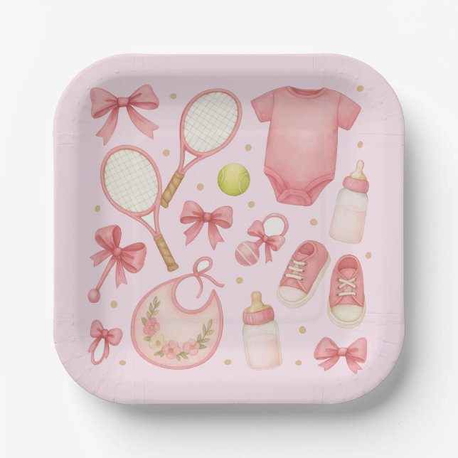 Tennis Baby Girl in Pink theme with racket  Paper Plate (Front)
