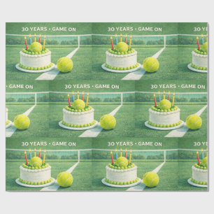 Tennis ball 30th  birthday and cake on green wrapping paper