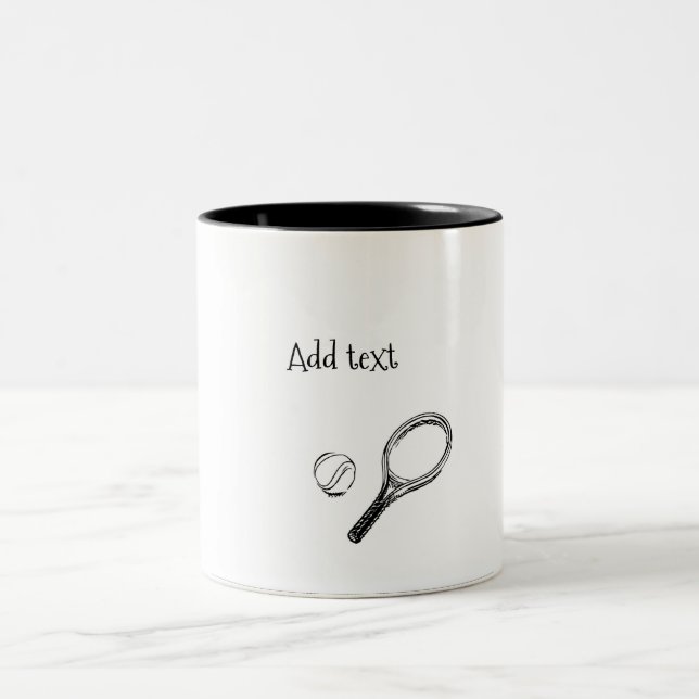 Tennis ball and racket black and white minimal Two-Tone coffee mug (Center)
