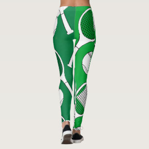 Tennis ball and racket black white on green court  leggings