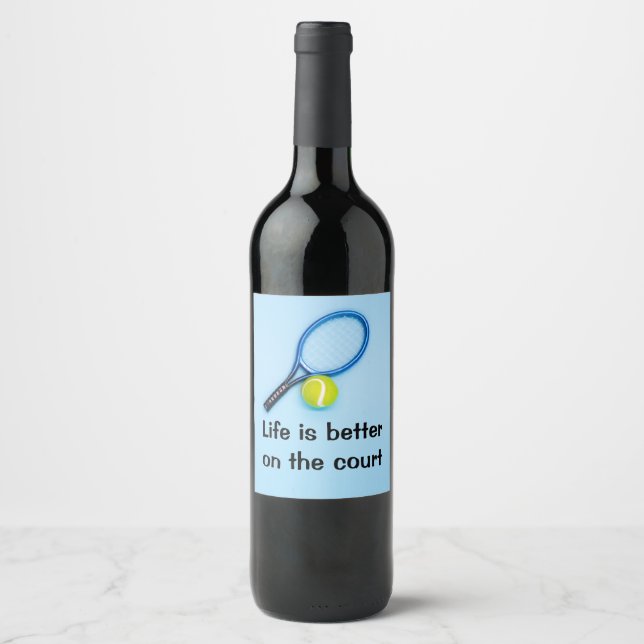Tennis ball and racket blue background paper plate wine label (Front)