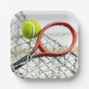 Tennis ball and racket life is better on the court paper plate