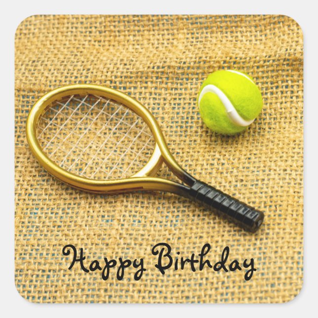 Tennis ball and racket on brown Birthday Sticker (Front)
