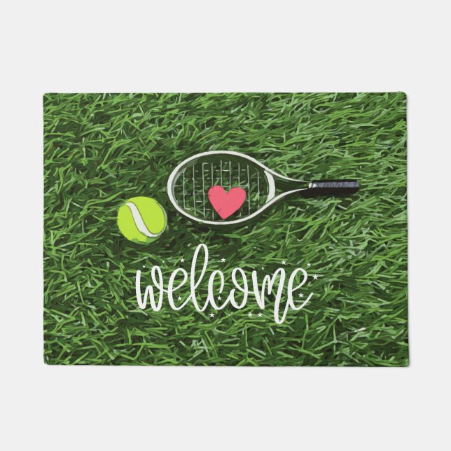 Tennis ball and racket on green welcome doormat (Front)