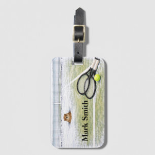 Tennis Ball and racket on the court with name Lugg Luggage Tag