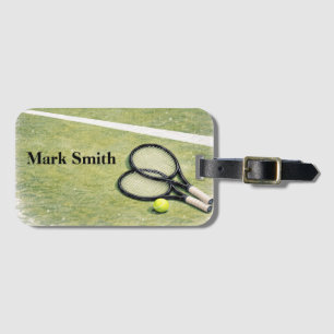 Tennis Ball and racket on the court with name Luggage Tag