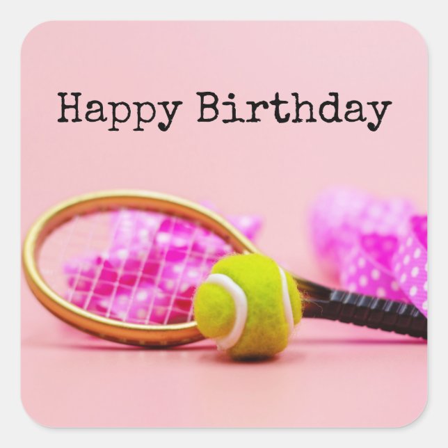 Tennis ball and racket with pink ribbon birthday  square sticker (Front)