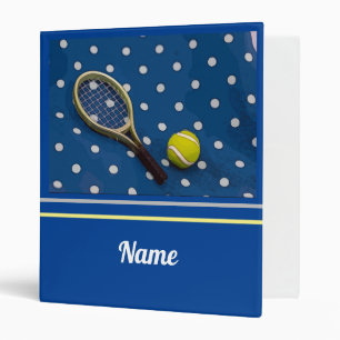 Tennis ball and racket with white polka dots blue binder