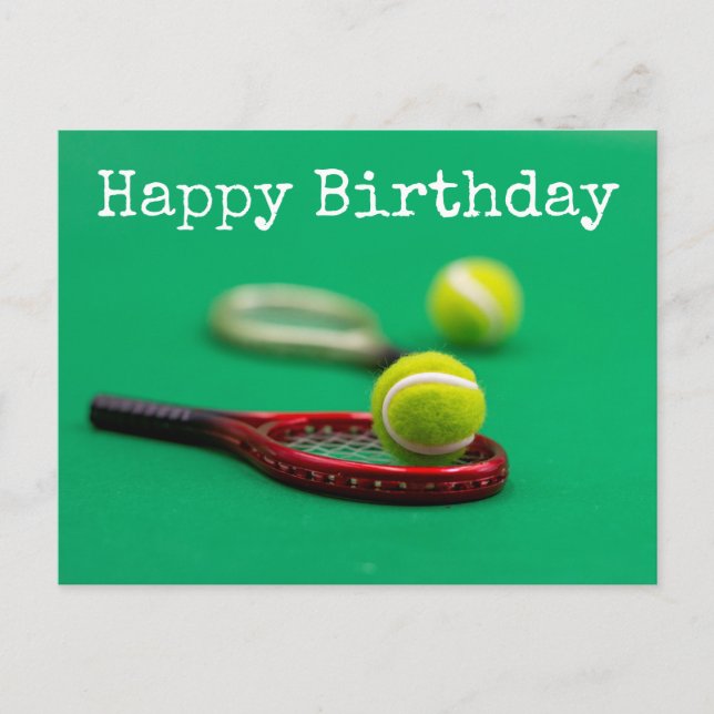 Tennis ball and red racket on green Happy Birthday Postcard (Front)