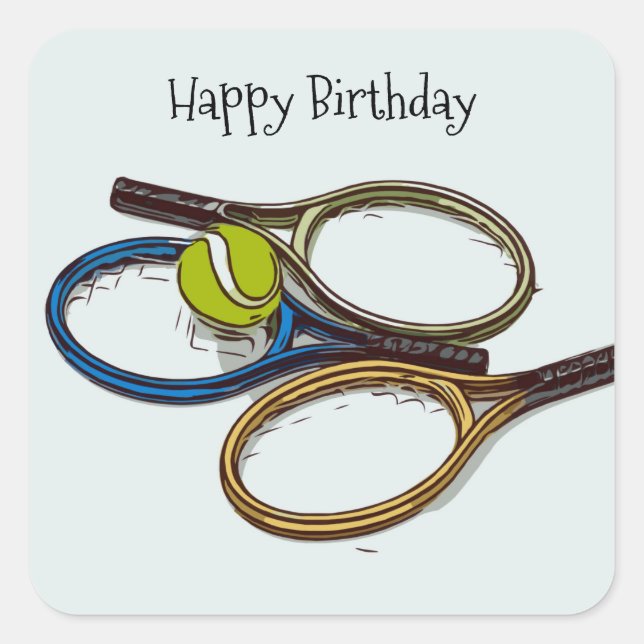 Tennis ball birthday with racket   square sticker (Front)