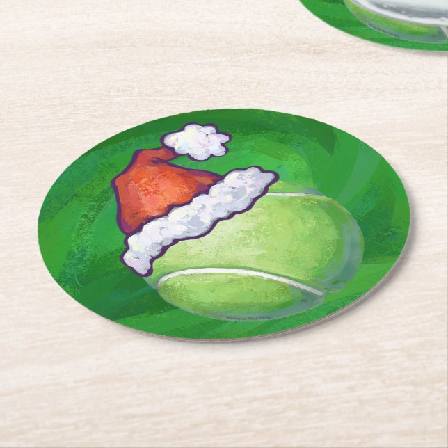 Tennis Ball Christmas Green Round Paper Coaster (Angled)