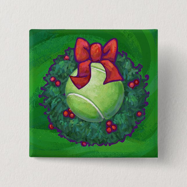 Tennis Ball Christmas Wreath on Green 2 Inch Square Button (Front)