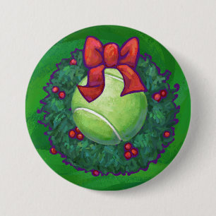 Tennis Ball Christmas Wreath on Green 3 Inch Round Button