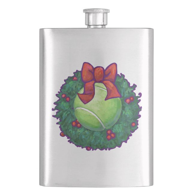 Tennis Ball Christmas Wreath on Green Hip Flask (Front)