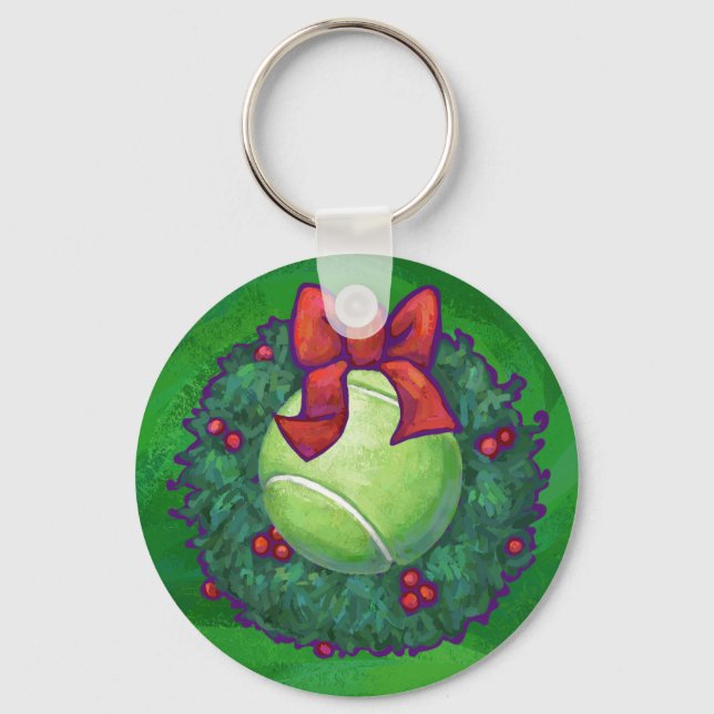 Tennis Ball Christmas Wreath on Green Keychain (Front)