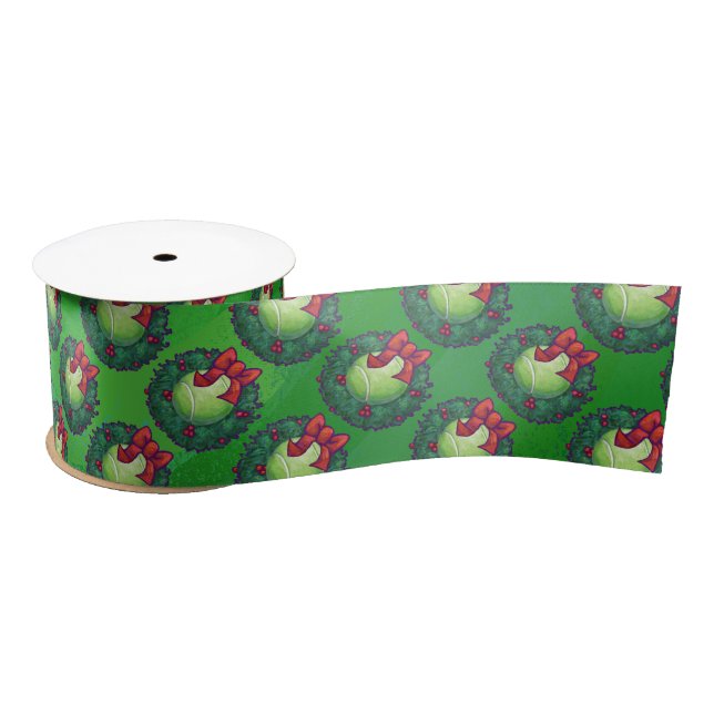 Tennis Ball Christmas Wreath Pattern on Green Satin Ribbon (Spool)