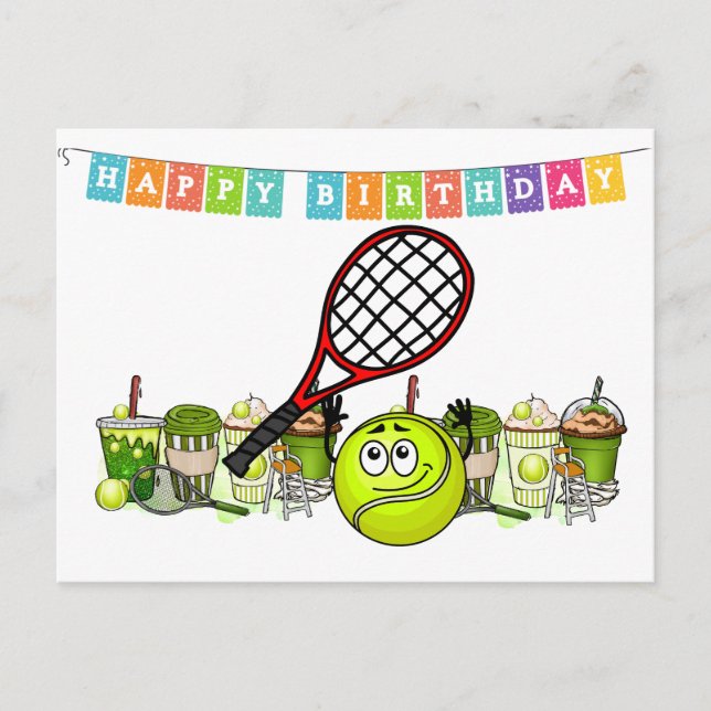 Tennis Ball Funny Face with word Happy Birthday  Postcard (Front)