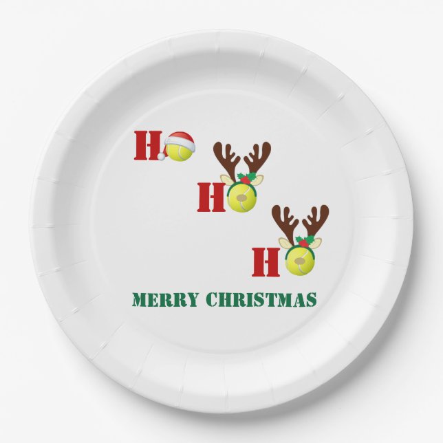 Tennis Ball Ho Ho Ho Santa Reindeer Christmas Paper Plate (Front)