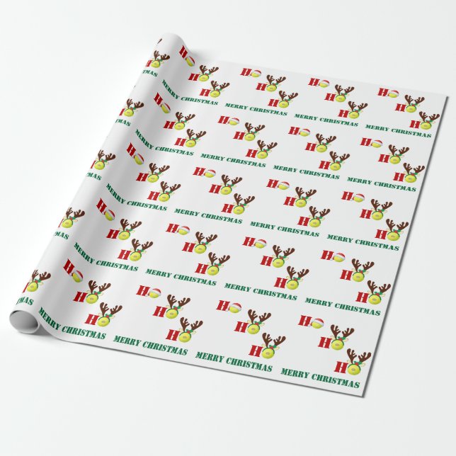 Tennis Ball Ho Ho Ho Santa Reindeer Christmas Wrapping Paper (Unrolled)