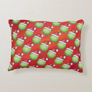 Tennis Ball in Santa Hat Pattern on Red Accent Pillow
