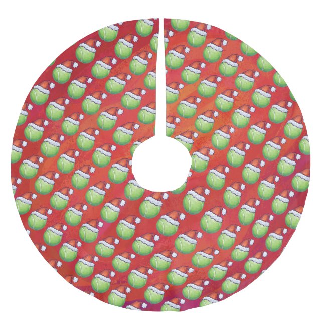 Tennis Ball in Santa Hat Pattern on Red Brushed Polyester Tree Skirt (Front)