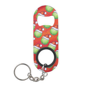 Tennis Ball in Santa Hat Pattern on Red Keychain Bottle Opener