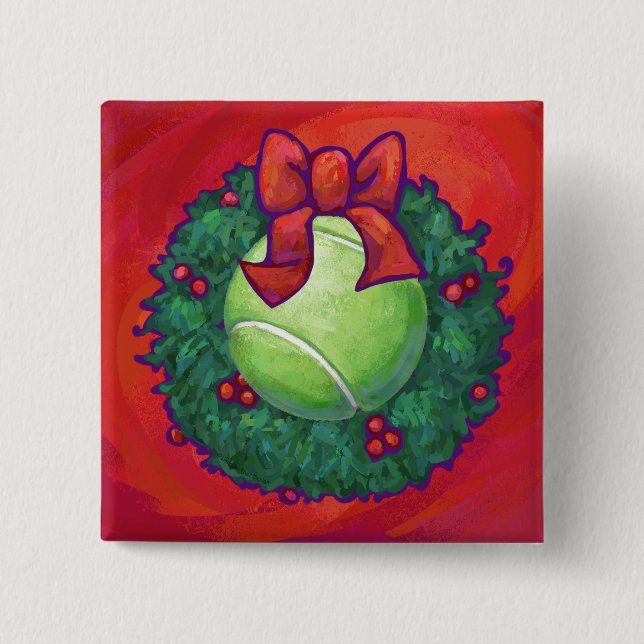 Tennis Ball in Wreath on Red 2 Inch Square Button (Front)