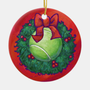 Tennis Ball in Wreath on Red Ceramic Ornament