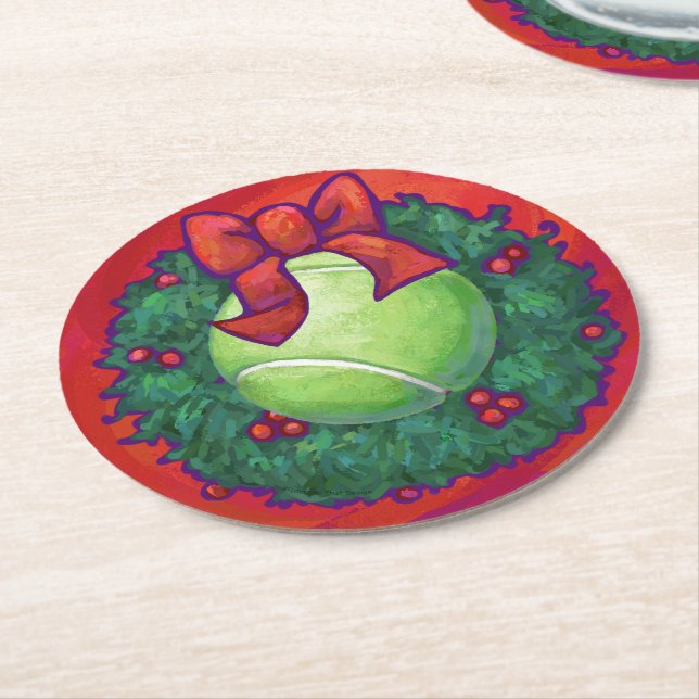 Tennis Ball in Wreath on Red Round Paper Coaster (Angled)