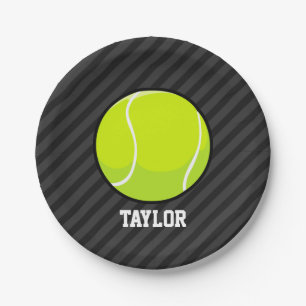 Tennis Ball on Black & Dark Grey Stripes Paper Plate