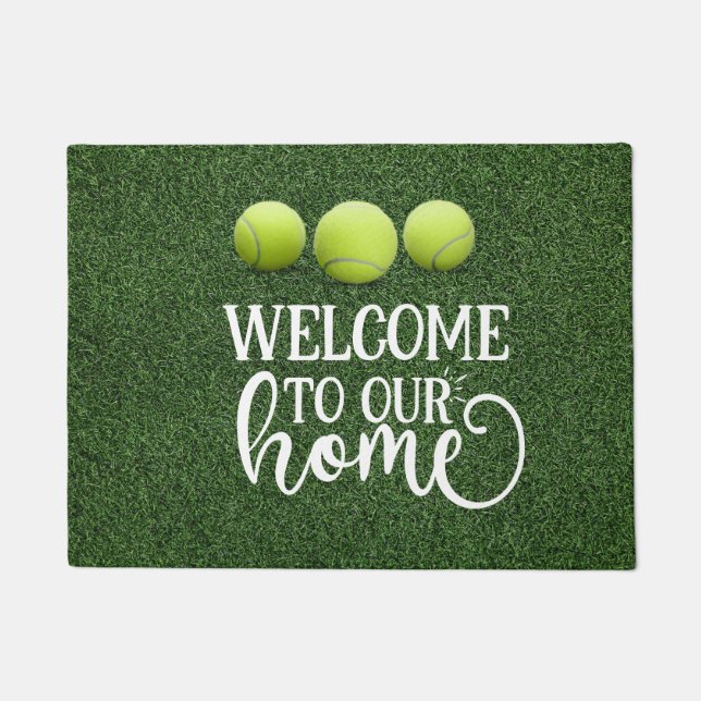 Tennis ball on the court welcome to our home doormat (Front)