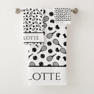 Tennis Ball Pattern Black & White Simple Your Name Bath Towel Set