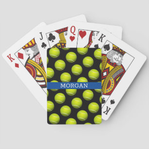 Tennis Ball Pattern, White Name, Blue & Black Playing Cards