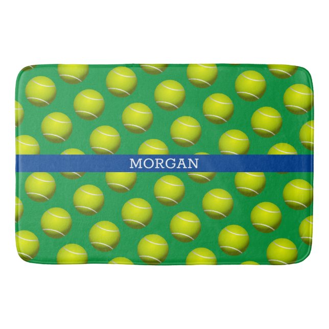 Tennis Ball Pattern, White Name, Blue & Green Bath Mat (Front)