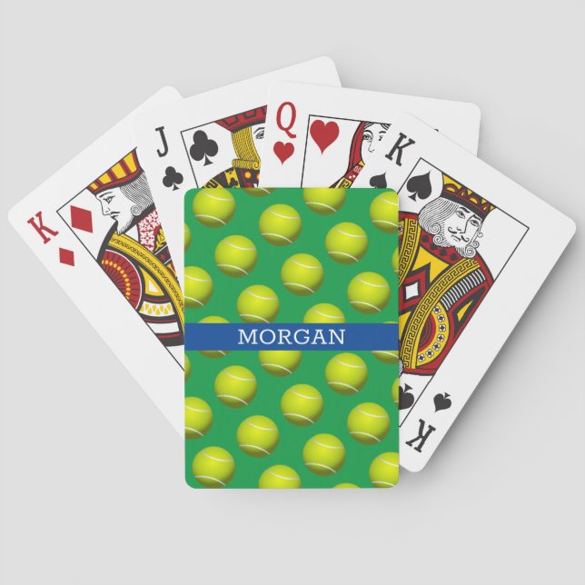 Tennis Ball Pattern, White Name, Blue & Green Playing Cards (Back)