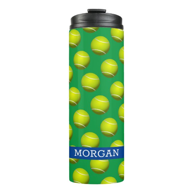 Tennis Ball Pattern, White Name, Blue & Green Thermal Tumbler (Front)