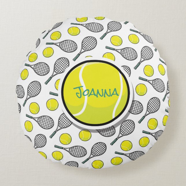 TENNIS Ball Personalize Name Yellow Black White Round Pillow (Front)