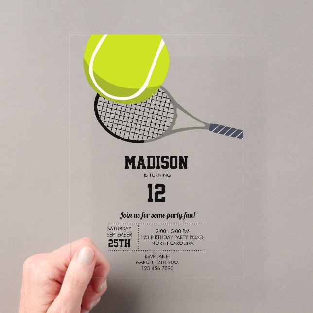 Tennis Ball & Racket Racquet Birthday Party Acrylic Invitations (Insitu (Handheld))