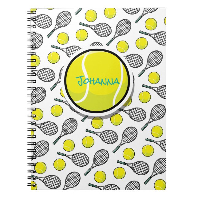 Tennis Ball Racquet Yellow White Aqua Black NAME Notebook (Front)