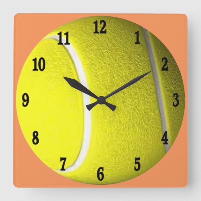 Tennis Ball with Black Numbers Sport Peach Square Wall Clock (Front)