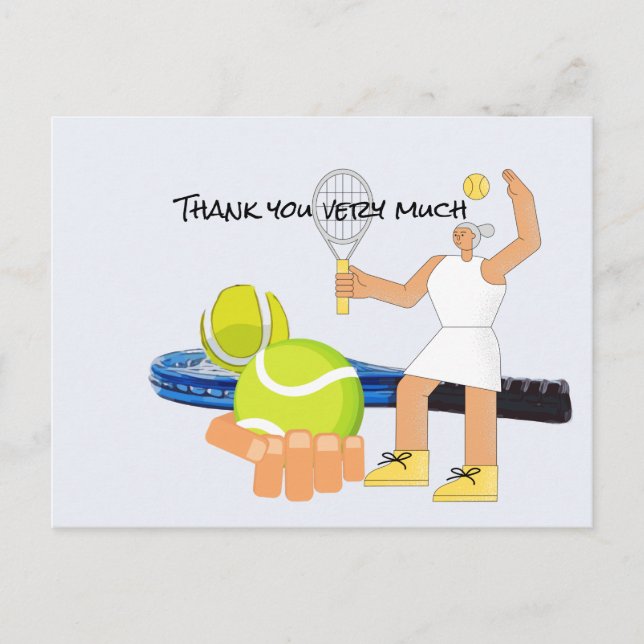 Tennis ball with blue racket and woman player postcard (Front)
